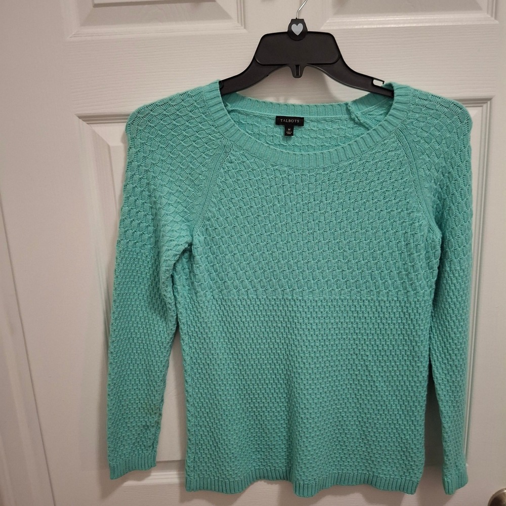 Talbots Women's Size M Aqua Greenish Blue Textured Knit Sweater Nylon Lambswool